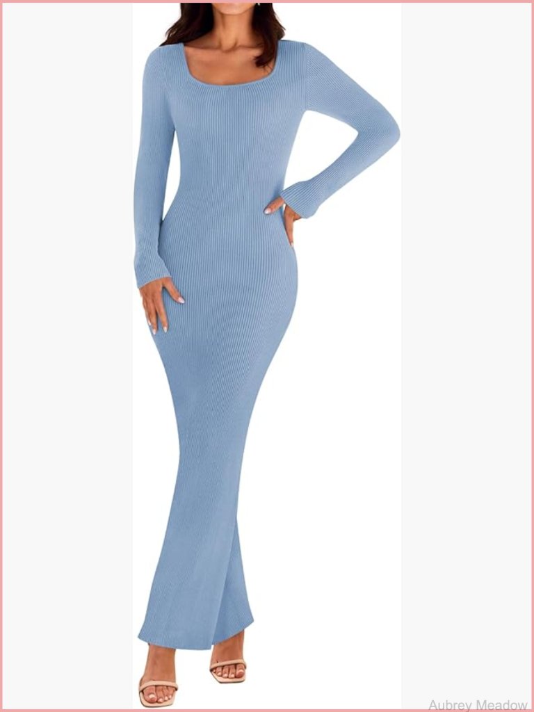 Long Sleeve Bodycon Square Neck Ribbed Knit Maxi Dress